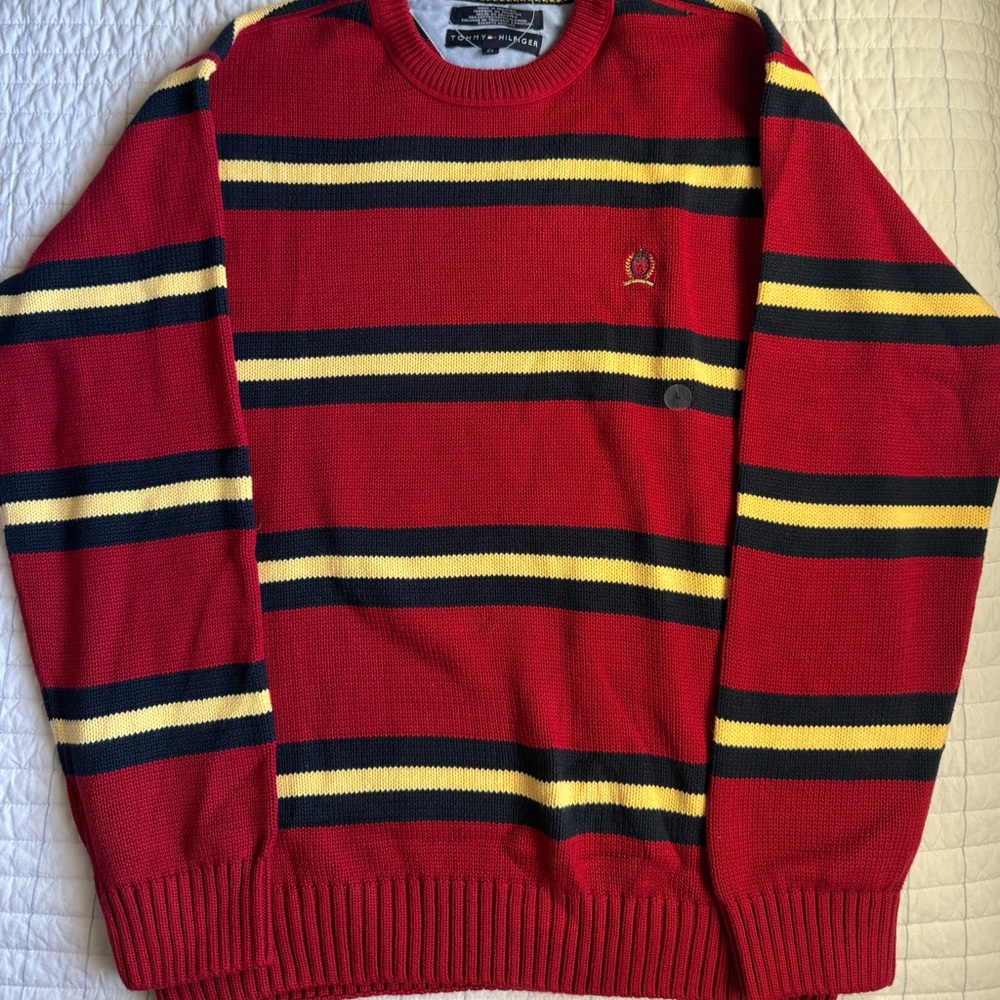 Tommy Hilfiger Red and Navy Striped Crewneck Sweater